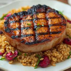 Grilled tabil-spiced heritage pork chop, Umbrian farro, leeks, grilled radicchio, black olive sauce
