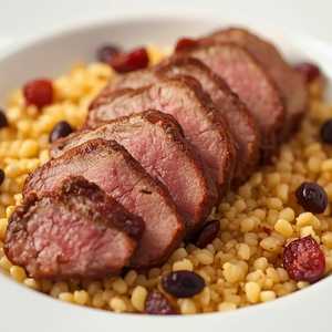 Five-spice duck breast, golden couscous, plumped apricots, currants, chicories, quacklins