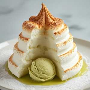 Baked Alaska, matcha ice cream, brûléed meringue, chiffon cake, coastal strawberries, berry coulis