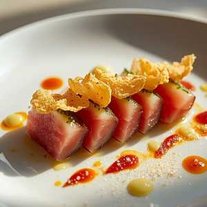 Aged Bluefin Tuna Crudo With Crispy Rice, Ginger & Calabrian Chili