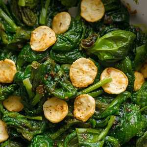 Spinaci con noce moscato e chips d'aglio