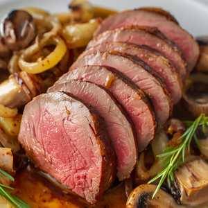 Sliced Filet Mignon with Cipollini Onions, Wild Mushrooms and Fig Essence