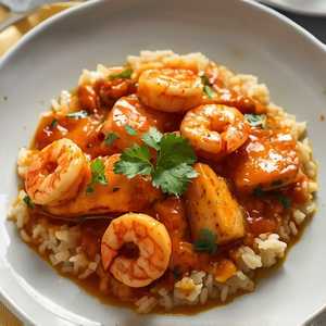 Salmon and Bay Shrimp Creole, Rice