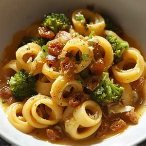 Bucatini with broccoli romanesco, torpedo onions, garlic, sorrel, sultana raisins, capers, and hot pepper
