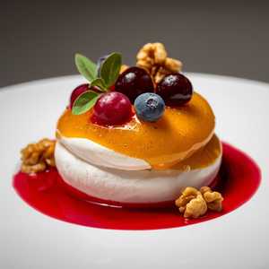 Pavlova with nectarine compôte, diplomat cream, berry sauce, and candied walnuts