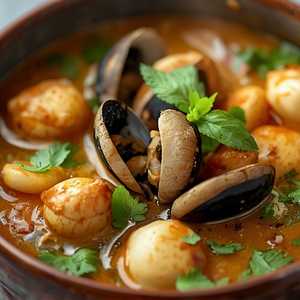 Coconut Thai Shellfish Curry with Shiitake Mushrooms, Mint, and Cilantro