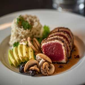 Seared Ahi Tuna with Avocado, Nori, Enoki Mushrooms, and Lemon Soy Dressing