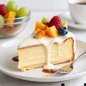 Traditional Cuban Three Milk Cake With Macedonia Fruit In A Cinnamon Skin Sauce