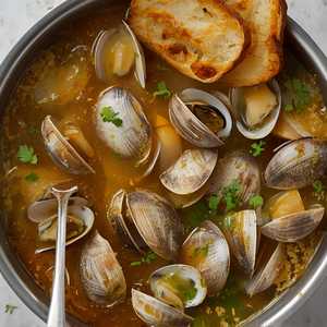 Hama Hama Clams, Dry Cider, Fish Sauce, Herb Oil, Grill Bread