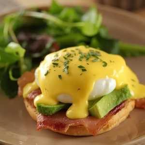 Eggs Benedict w/Canadian bacon, avocado, Hollandaise sauce