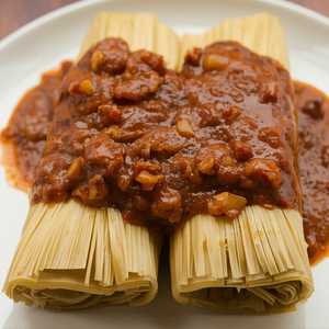 Two Tamales Enchilada Style (Green Corn Or Red Beef)