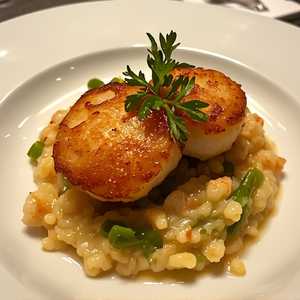 Seared Sea Scallops with Maine Lobster and Asparagus Risotto