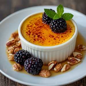 Crème Brûlée with Vanilla Sable, Caramelized Hazelnut, and Blackberries