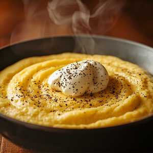 Bowl of polenta with mascarpone or Parmigiano-Reggiano