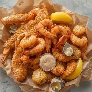Captain's Platter w/Crispy Cod, Prawns, and Clam Strips