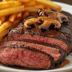 Bavette grillée aux champignons et frites avec une sauce au beurre à l'ail rôti
