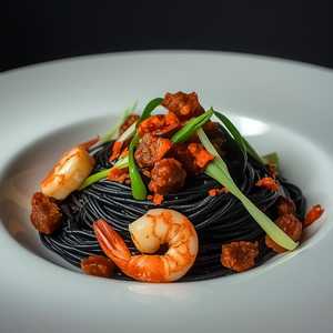 Black Spaghetti With Hot Calabrese Sausage, Rock Shrimp & Scallions