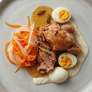 Guinea Hen Breast and Rilleto with Garleek Purée, Daikon-Carrot Slaw, and Quail Eggs