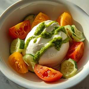 Burrata Stracciatella With Cucumber, Heritage Tomato & Pumpkin Seed Pesto