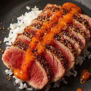 Sushi-Grade Sesame Seared Tuna with Gingered Rice, White Soy and Sambal Vinaigrette