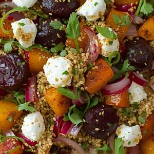 Beet Salad with Orange-Champagne Vinaigrette, Ricotta, Farro Verde, and Pickled Red Onions