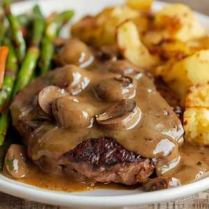 Hamburger Steak with Mushroom Sauce or Fried Onions or Pasta