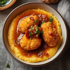 Catfish & Grits with Spicy Tomato-Bacon Gravy