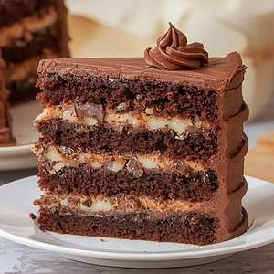 Birthday cake: German chocolate layer cake, coconut-pecan filling, chocolate buttercream, espresso anglaise