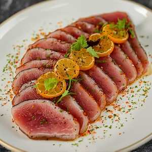 Bluefin tuna carpaccio, tangelo, avosabi, sesame, charred spring onion, serranos, green tobiko