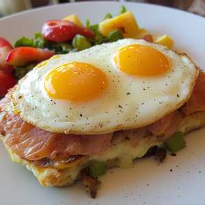 Croque mademoiselle with smoked salmon, gruyere, 2 sunny side up eggs with salad and fruits