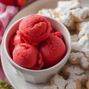Albion strawberry sorbet with Mexican wedding cookies