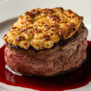 Gorgonzola-Crusted Dry Aged Bone-In NY Strip with Cabernet Reduction