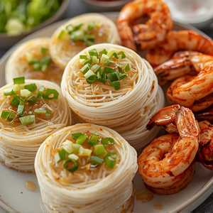 STEAMED VERMICELLI CAKE WITH SHRIMP CAKE ON SUGAR CANE AND GRILLED PORK
