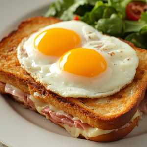 Croque madame, ham, gruyere, 2 sunny side up eggs with salad and fruits